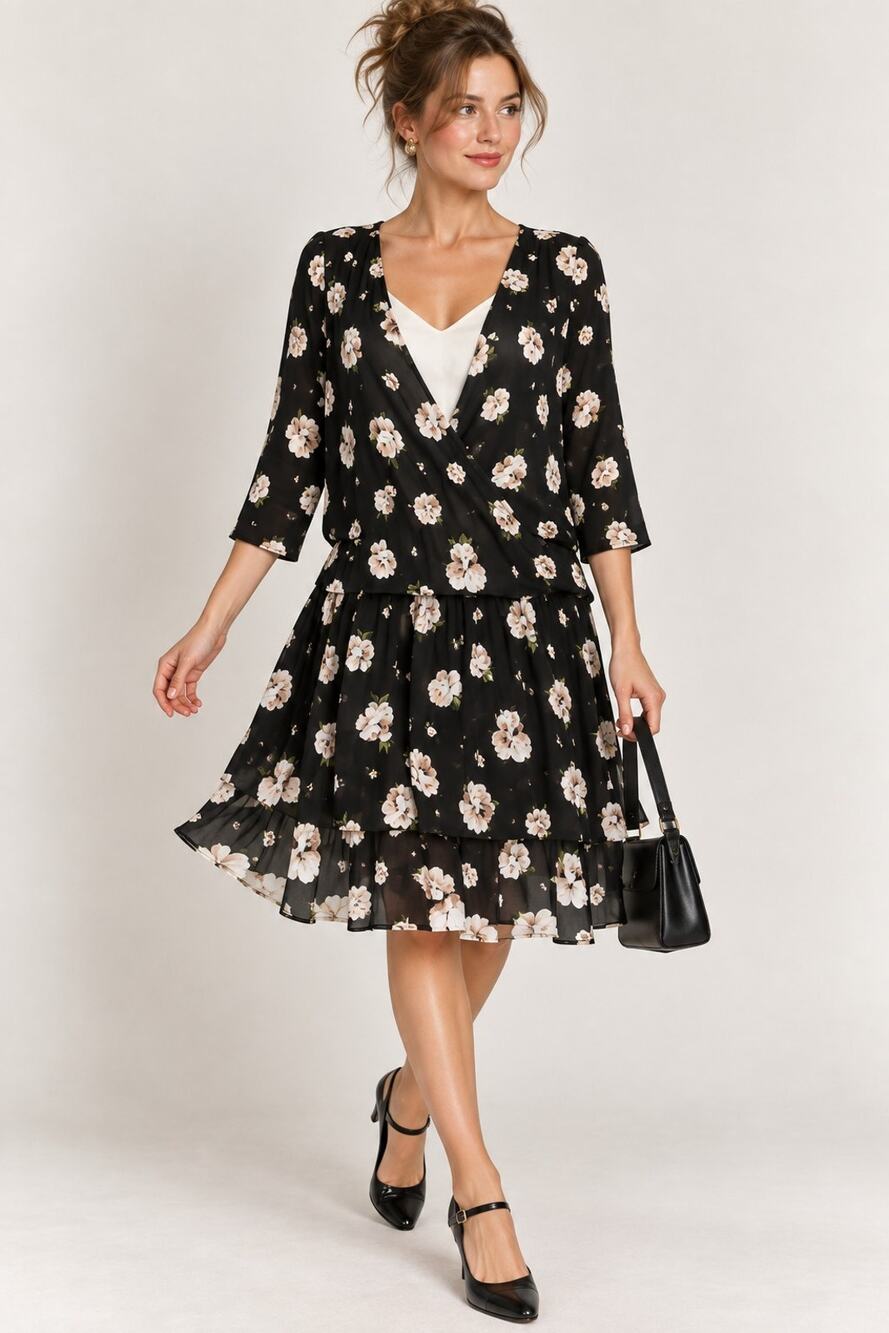 Vintage 90s Scarlett Black Floral Rayon Dress Drop Waist Tiered Union Made USA M